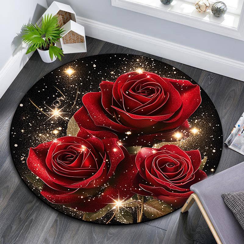Red Roses Round Area Rug,Carpet Rug for Living Room Bedroom Sofa Playroom Decor,Non-slip Floor Mat