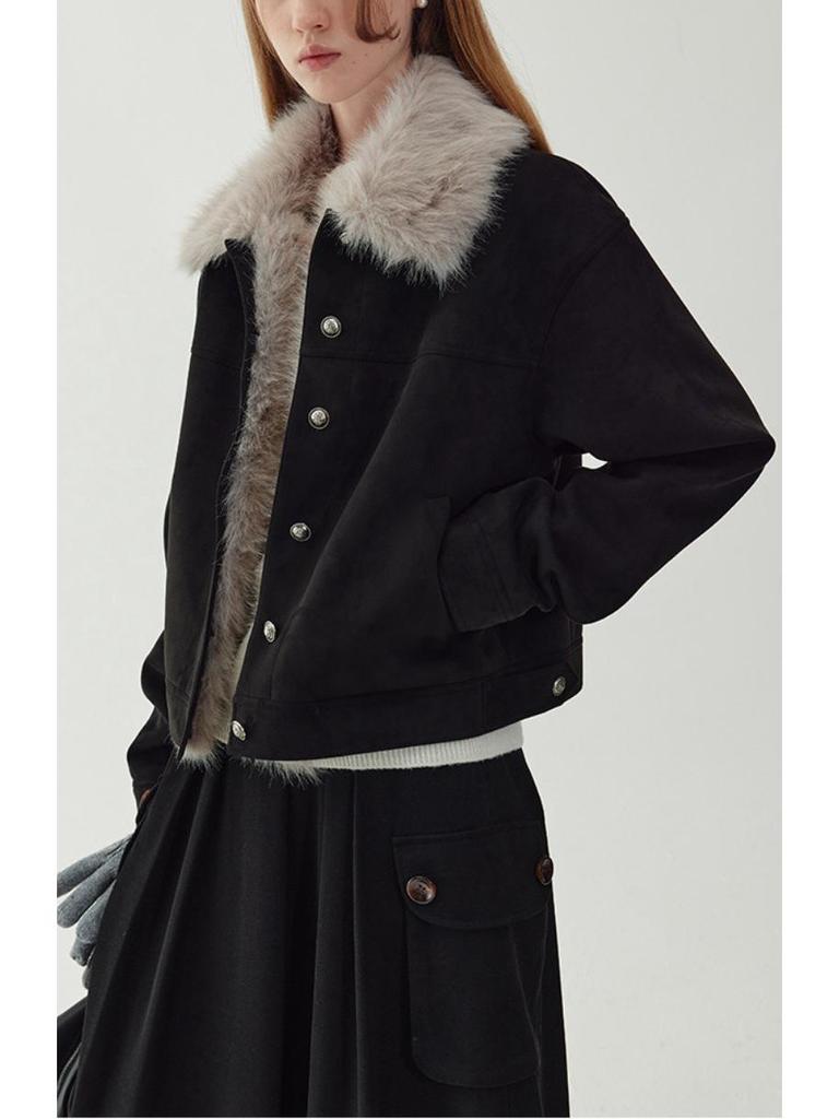 Women's Retro Suede Jacket with Detachable Fur Collar - 2025 Autumn/Winter Collection