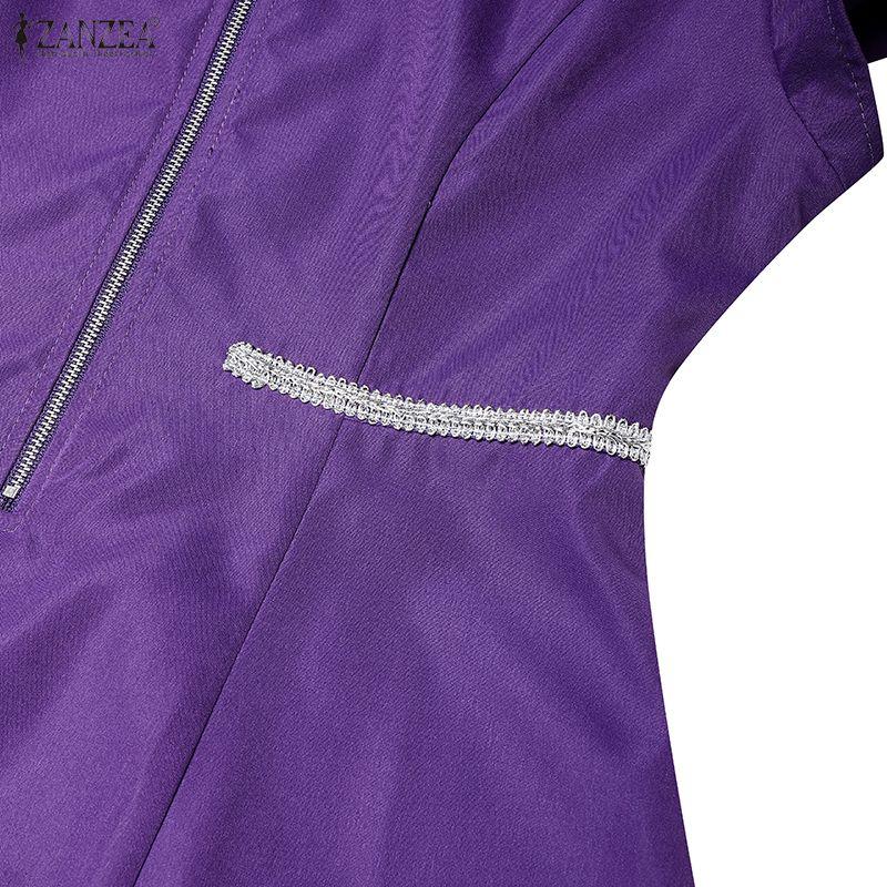 ZANZEA Women Casual Zipper Stand Collar Summer Short Sleeve Dress