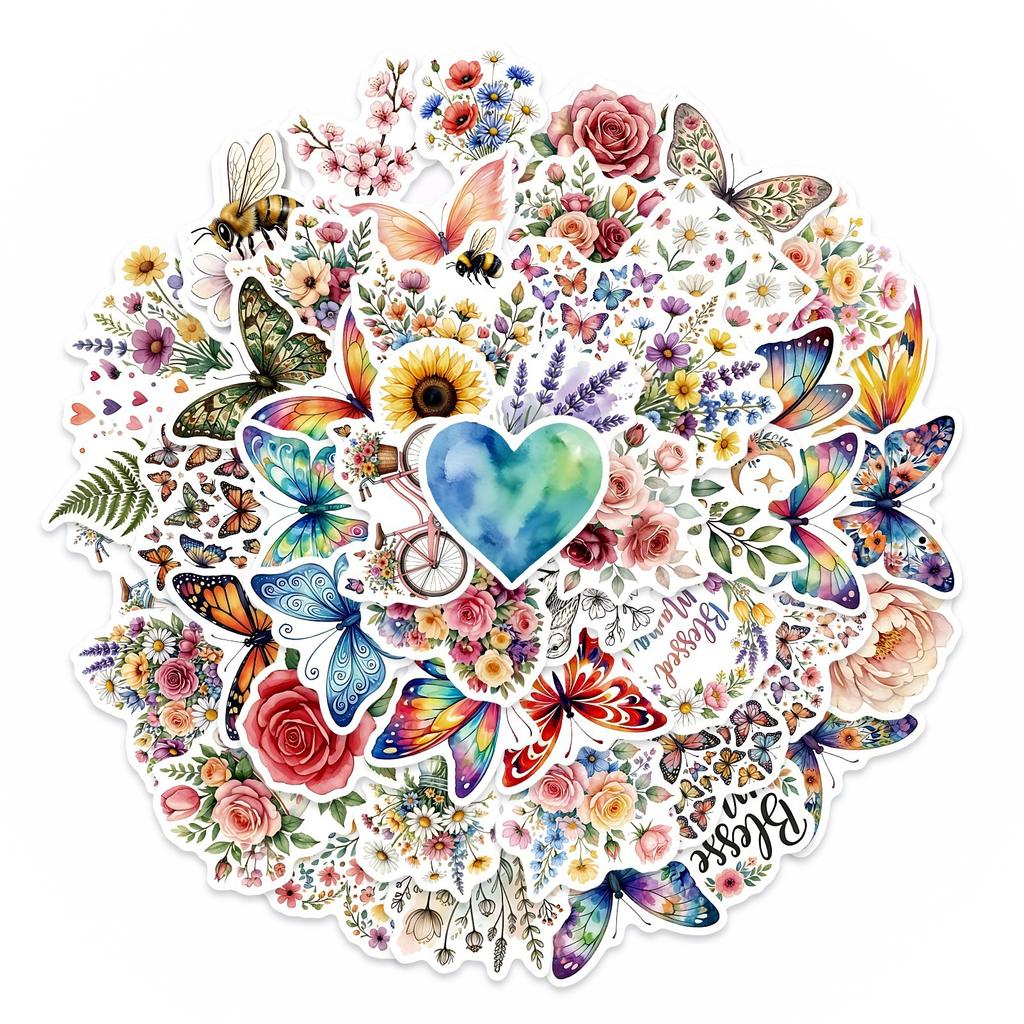 50 Butterfly Flower Stickers Literary Fresh And Simple Stickers Diy Mobile Phone Computer Water Cup Decoration Waterproof