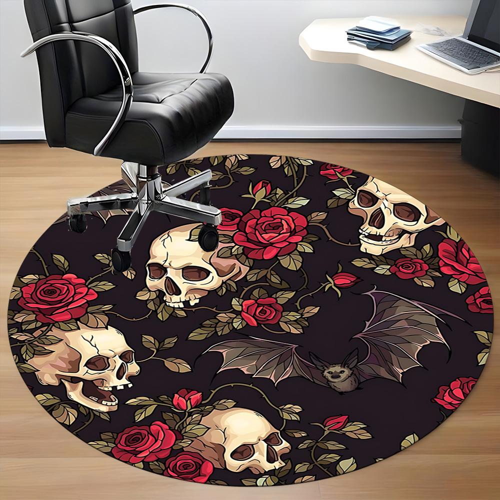 1pc Skull Roses Bats Pattern Office Round Rug, Carpet for Office, Gaming, Lightweight Round Floor Mat Yy260208090