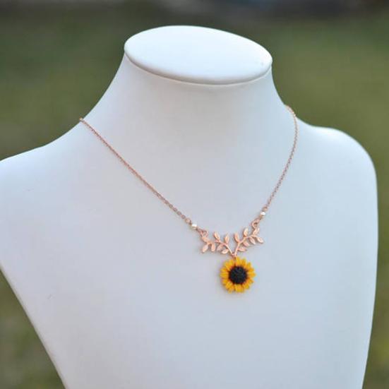 Women Faux Pearl Sunflower Leaf Branch Twig Pendant Necklace Jewelry