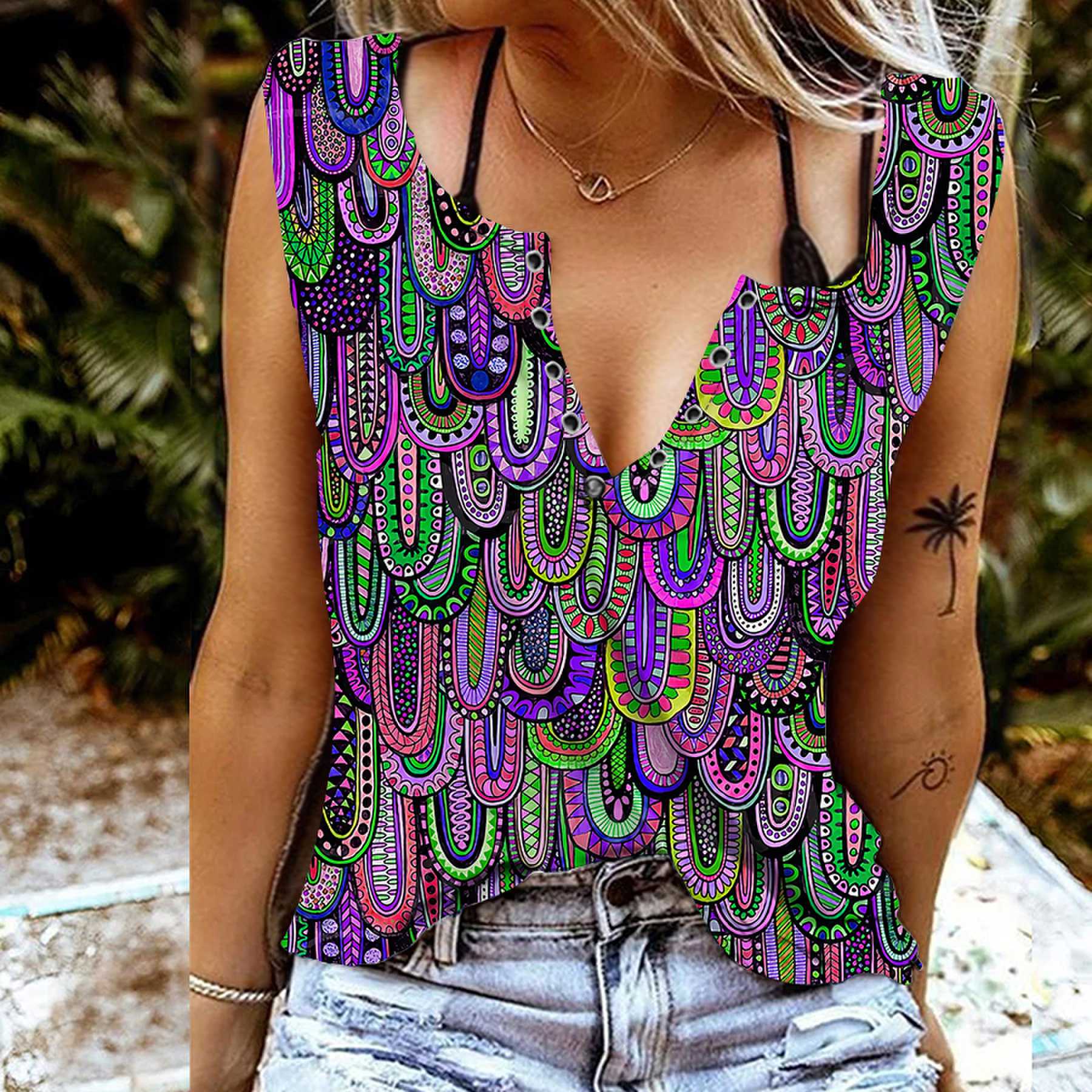 

Женские майки, сексуальные летние топы без рукавов с v-образным вырезом, жилет с 3D разноцветным принтом из перьев, крутые легкие топы 3XL фиолетовый