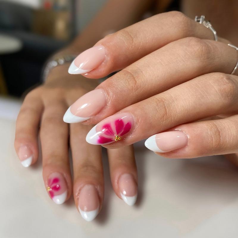 30-Piece Handmade Rhinestone Almond Flower Manicure Nail Tips - Advanced White French Design