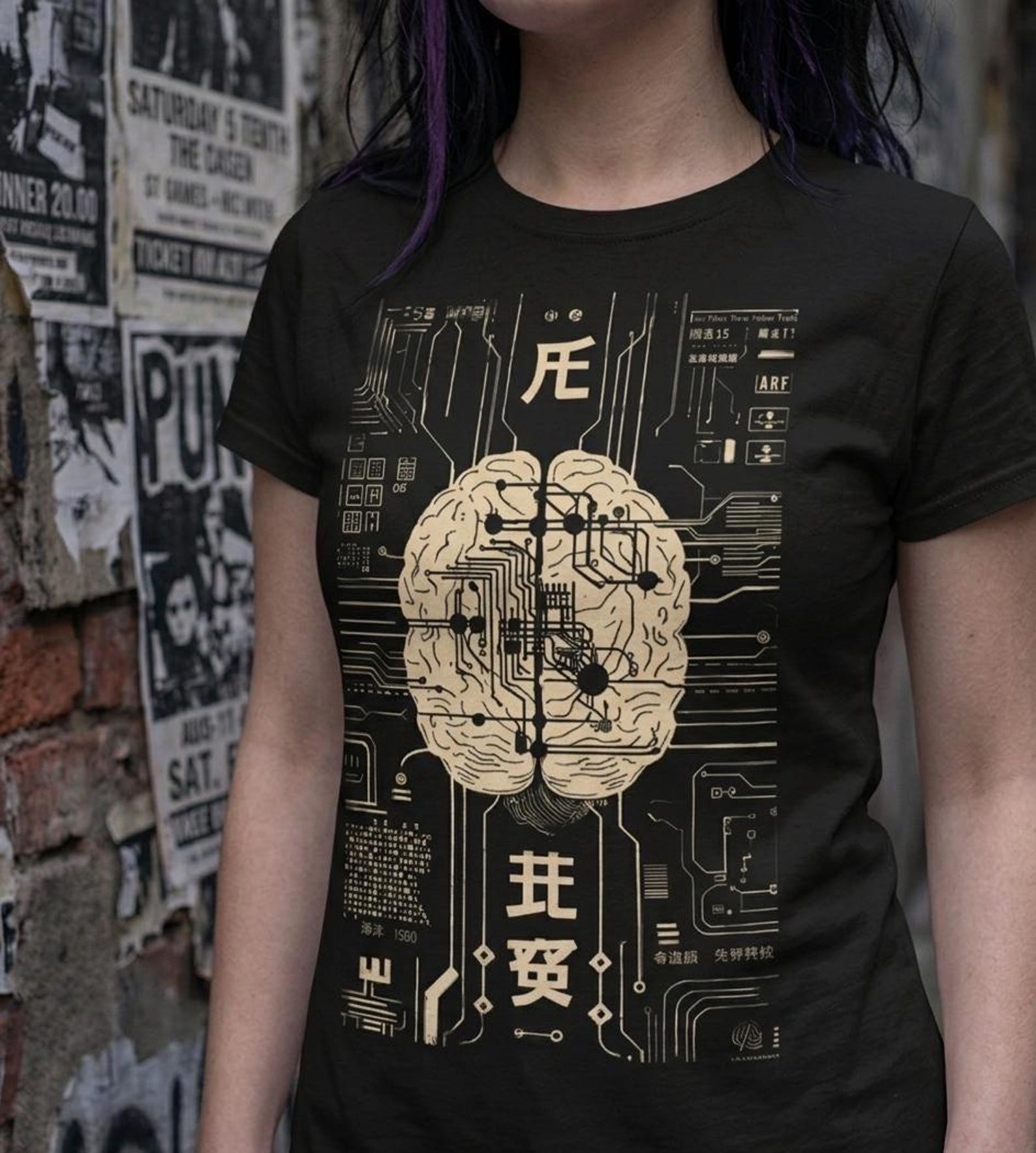 Cyberpunk Brain Circuit Board Shirt, Dark Futurism Sci-Fi Tee, Gothic Tech Art Alt Clothing 2XL