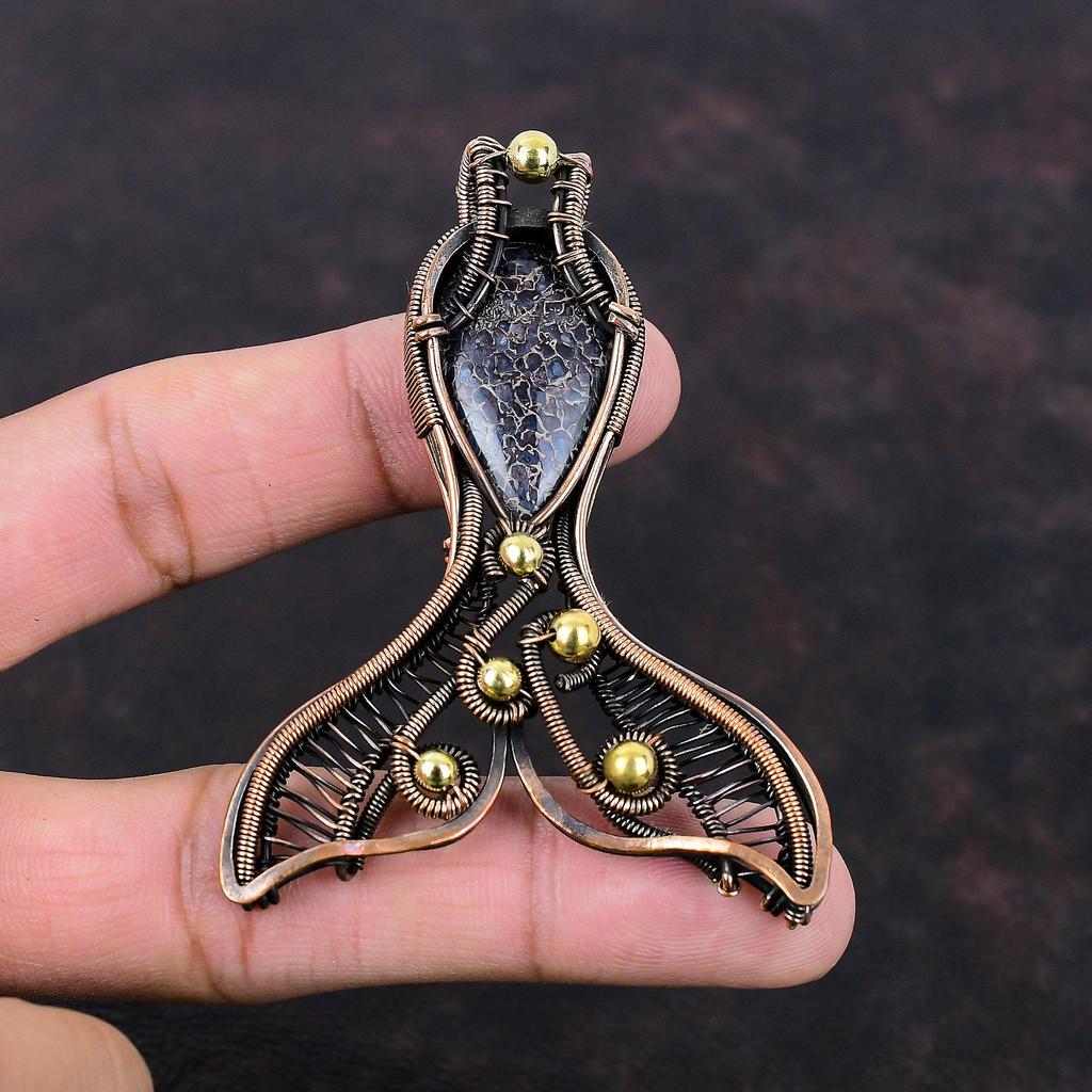 Dinosaur Bone Pendant Copper Wire Wrapped Pendant Fish Pendant Dinosaur Bone Gemstone Jewelry Handmade Boho Pendant Copper Jewelry For Gift