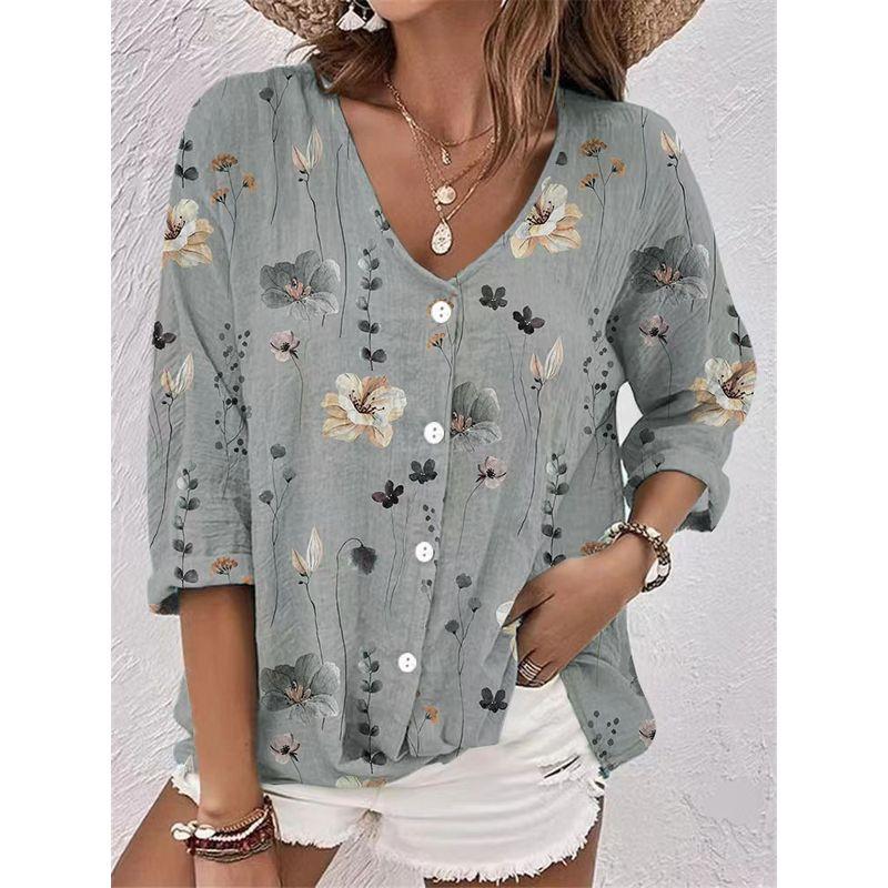 

Europe and America Cross Border Export Spring & Fall Women s V Neck Long Sleeves Casual Shirt Plus Size Loose Button Printed Cardigan Plus Size Ladies Grey S (Bust size 96)