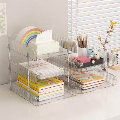 2/3/4 Tier Desk Storage Box Stackable Transparent Document Organizer & Detachable Tray for File Paper Desk Office Organization