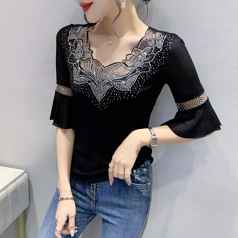 Women Summer Korean Clothes Patchwork Shiny Diamonds Tops Half Flare Sleeve Slim Street Tees