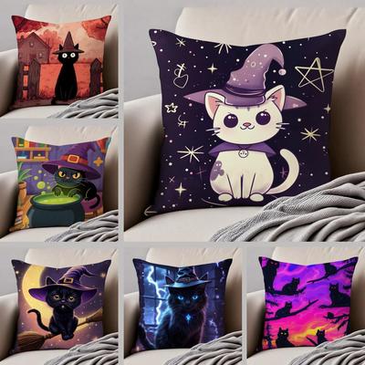 Character Spooky Halloween Magic Cat Cushion Cover Throw Pillow Cover Hidden Button Durable Polyester Chair Cushion