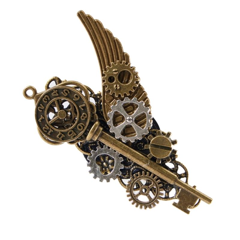 

2in1 Medieval Lapel Pin/ Hair Clip for Girl Adult Hair Costume Decors Steampunk Wing Gear Key Shape Lapel Pin Hair Pin 1