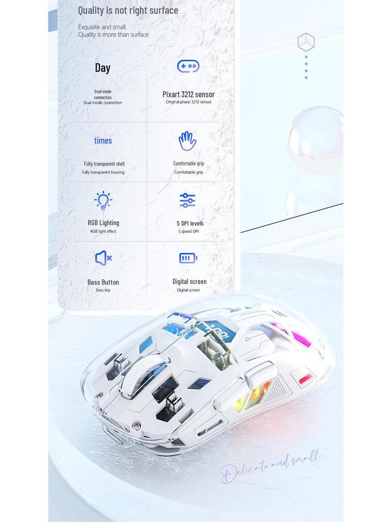 Free Wolf A2 Dual-Mode RGB Wireless Bluetooth Transparent Gaming Mouse