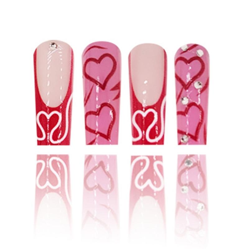 24 Pcs Coffin Shaped Artificial Nail Gradient Heart Stick On Nail Valentines Day False Nail French Tip Press On Nail