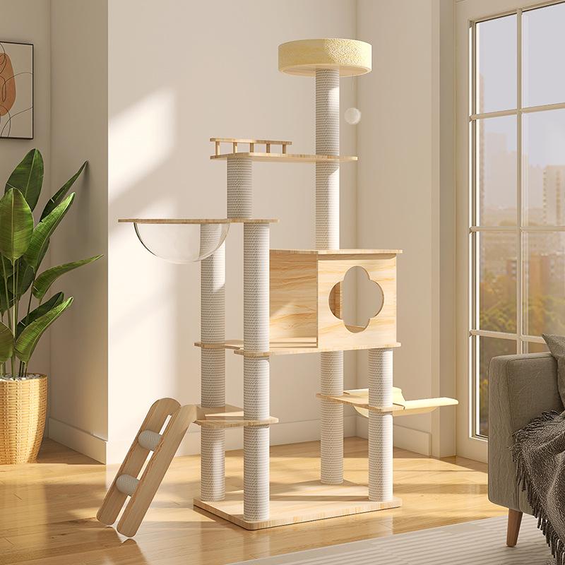 Solid Wood Multi-Layer Cat Condo with High Jump Platform & Sisal.