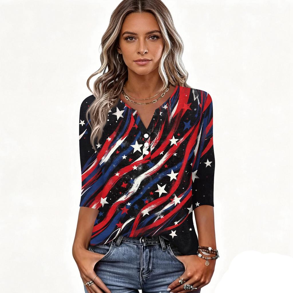 Damska Koszulka Dzień Niepodległości Nadruk Guziki Rękaw 3/4 Codzienna Weekendowa Modna Podstawa Dekolt V Regularny Top