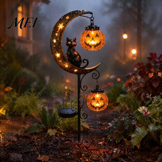 Doces ou Travessuras Acentos para Jardim Externo Halloween Luminária Solar de Estaca para Jardim, Gato Preto Abóbora na Lua Crescente com Lanterna Pendurada para Decoração de Caminho Assustador,