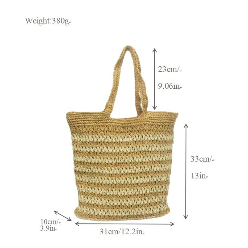 

New striped crocheted straw bag, high-end with zipper, hand-woven bag, large-capacity tote bag, vacation seaside welt zipper хакі