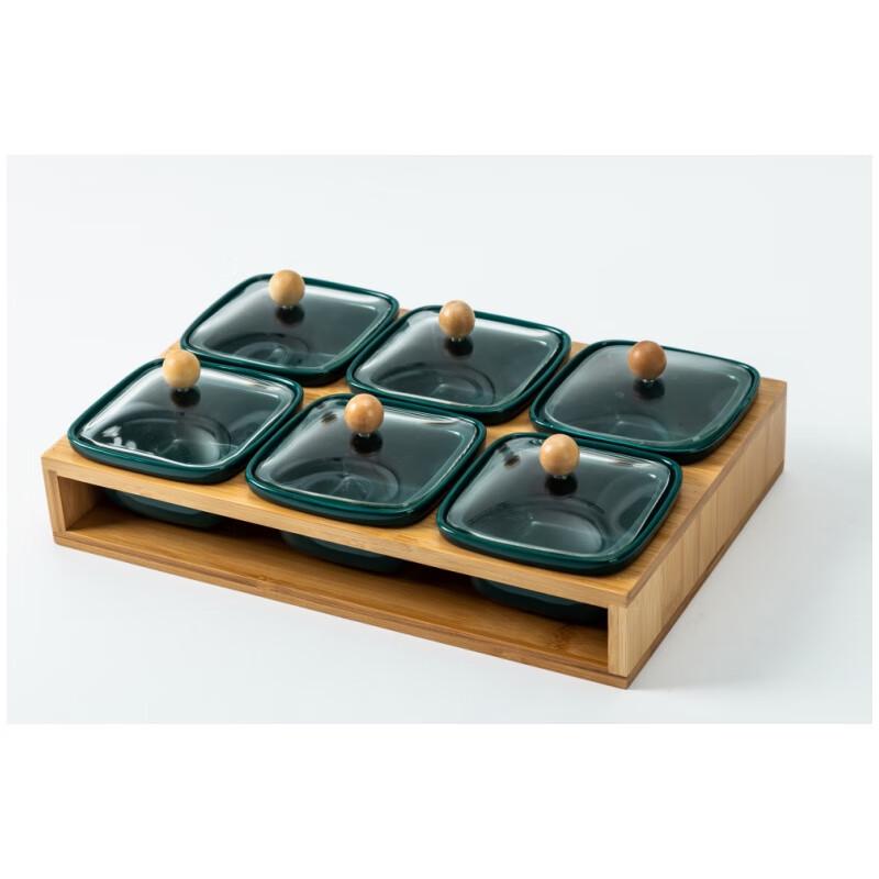 Ceramic Snack Platter with Bamboo Tray and Glass Lid