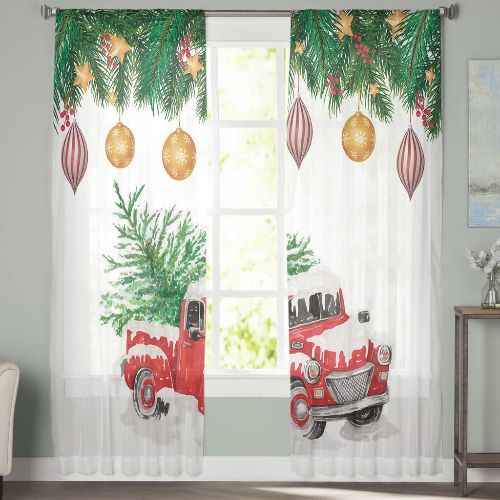 Camion de Crăciun Brad de Crăciun Perdele din Tul Perdea pentru Ușa Bucătăriei Voal Transparent Șifon Perdele de Crăciun pentru Living