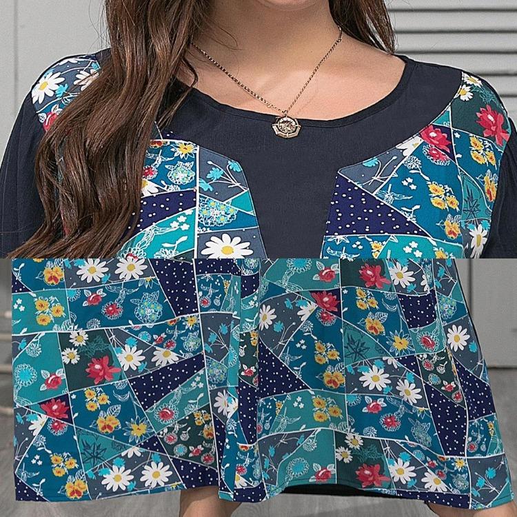 Plus Size Elegant Women's Loose Long Sleeve Dress Spring Summer O Neck Print Splicing XL-4XL