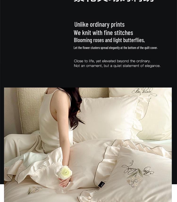 Princess Style French Embroidery Long Staple Cotton Four-Piece Bedding Set with Duvet Cover and Fitted Sheet