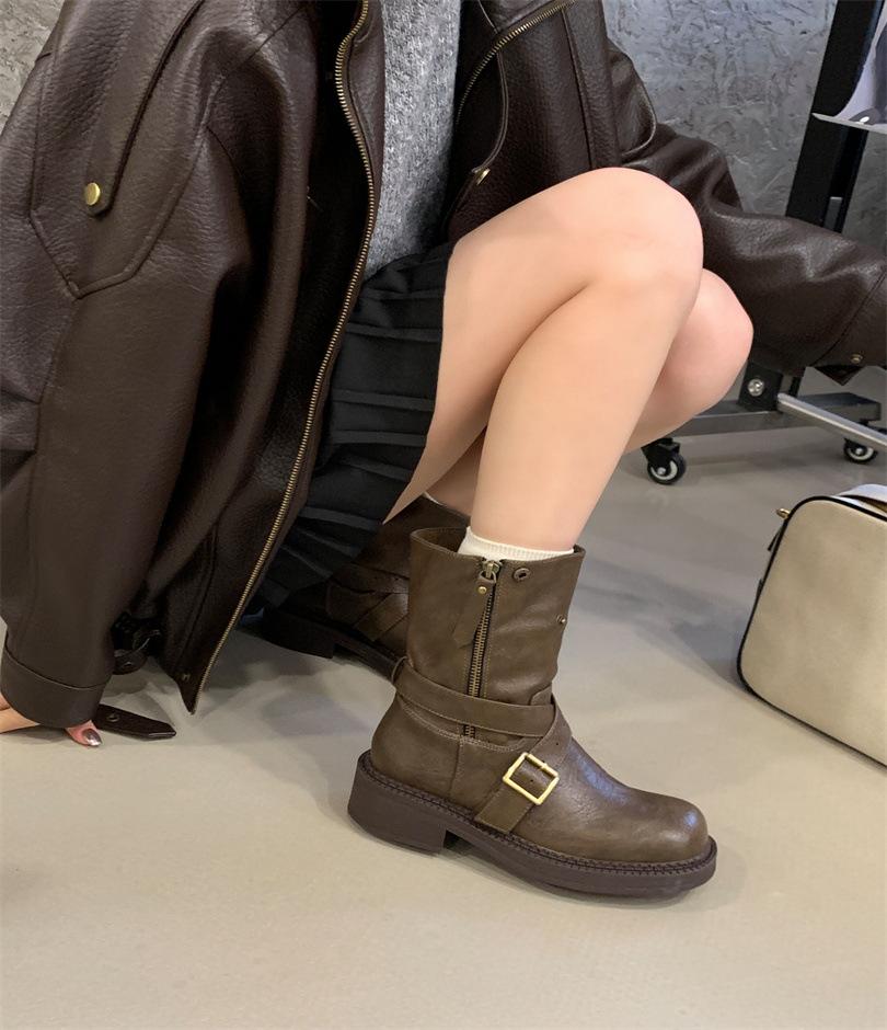 Retro British style round head belt buckle Martin boots women's 2025 autumn and winter new soft-soled versatile Chelsea short boots