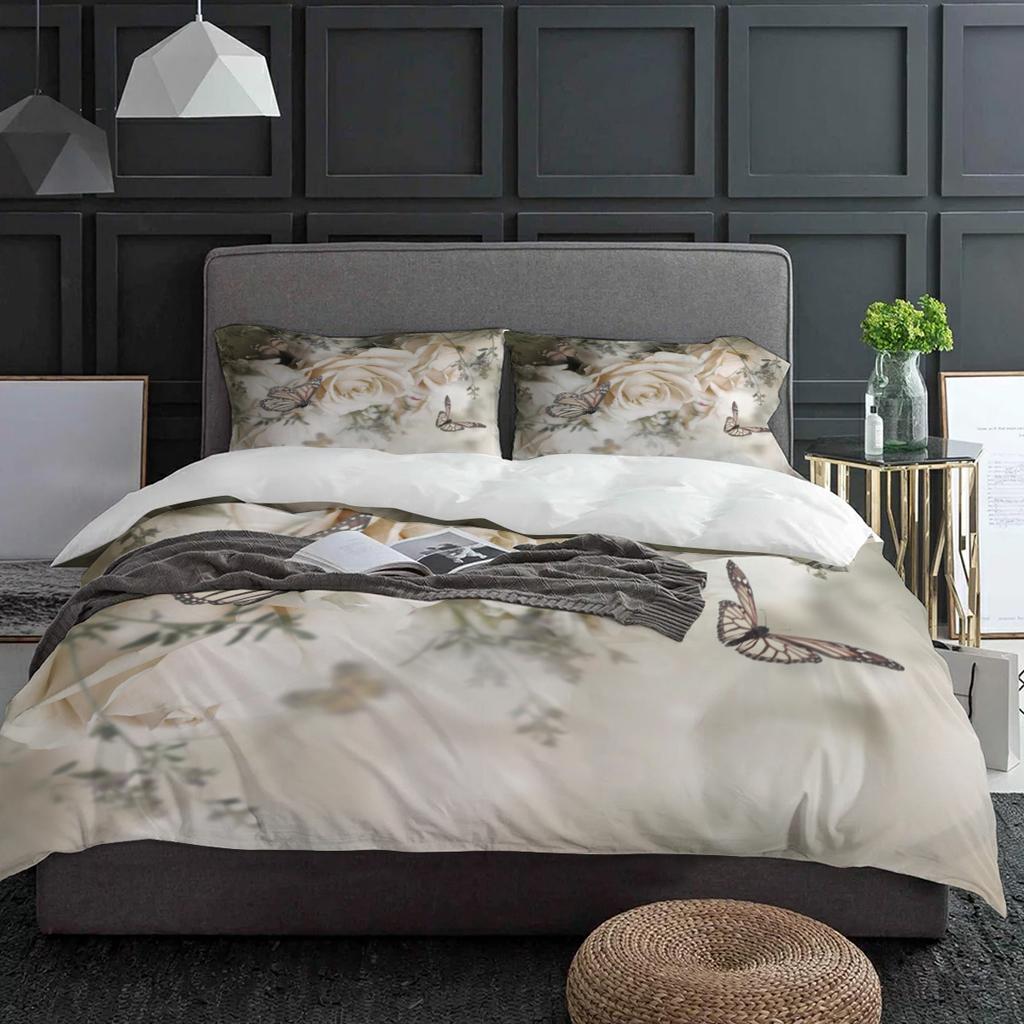 Plant Dream Rose Flower Butterfly Bedding Set 3pcs Duvet Cover Pillowcase Kids Adult Quilt Cover Double Bed Set Home Textile