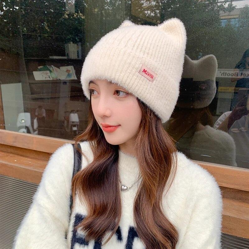 Noi femei drăguțe urechi de pisică Pălărie de iarnă Pălărie tricotată de modă cu blană artificială Stil Kpop Pălării moale Beanie Bomboane Femei Streetwear Cap