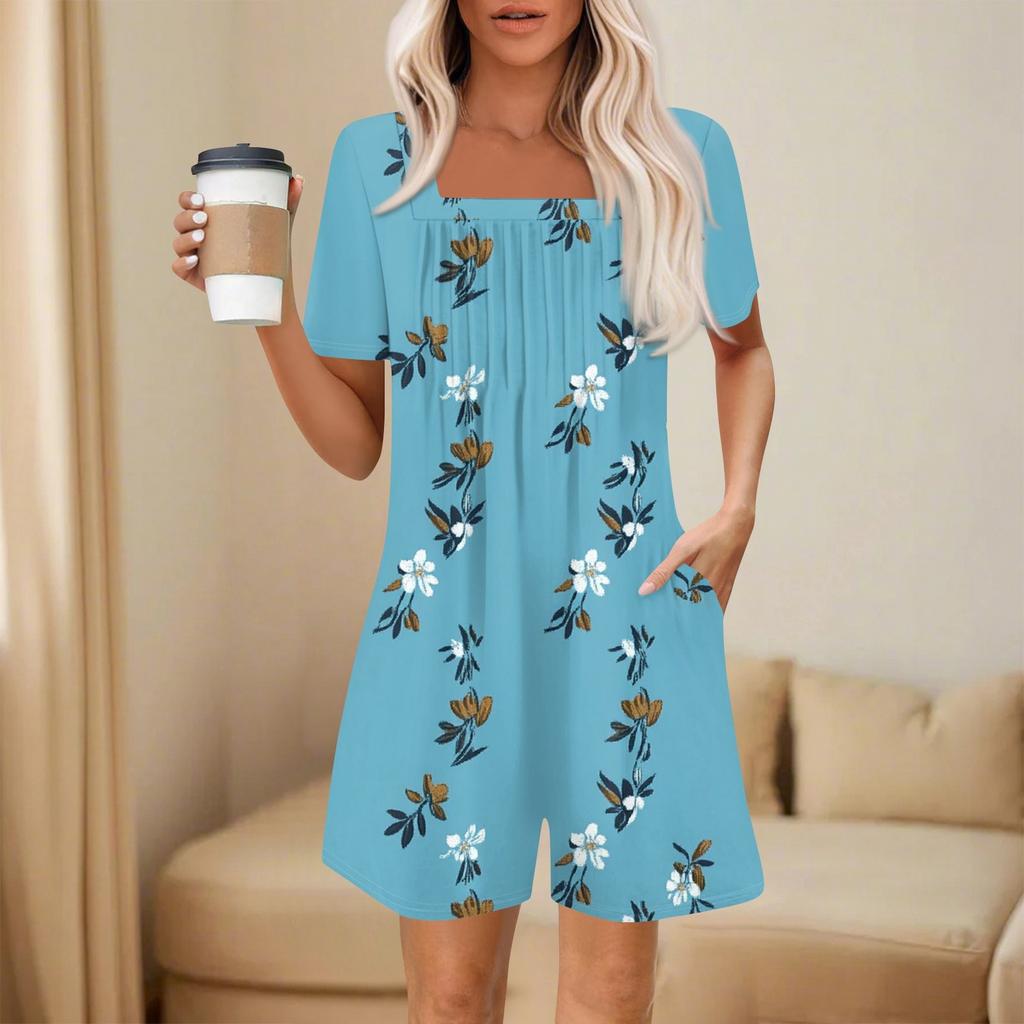 Damen Modischer und Lässiger Kurzarm-Plissee-Taschen-Jumpsuit Bedruckter Jumpsuit Shorts