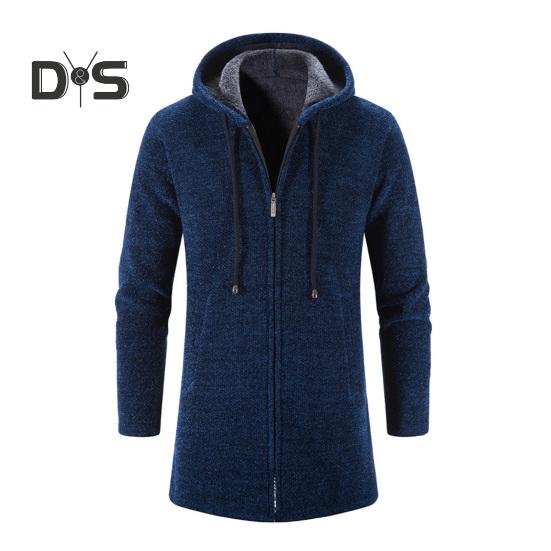 

Мужское трикотажное пальто с капюшоном, завязками на шнурке, длинными рукавами, однотонная куртка с застежкой-молнией, теплая зимняя куртка средней длины 2XL темно-синий