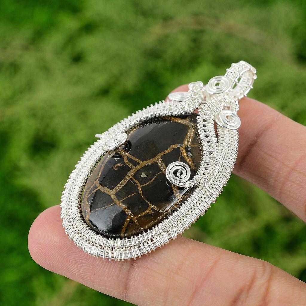 Moroccan Mud Crack Fossil Gemstone 925 Silver Trendy Wire Wrap Pendant Jewelry