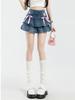 Women's Ruffled Denim Mini Skirt Summer Bandage Bow Blue Shorts Skirt Y2k Clothes Spicy Girl Streetwear