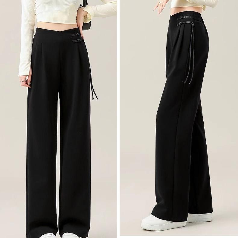Elegant High Waist Wide Leg Pants with Ancient Button Design for Women