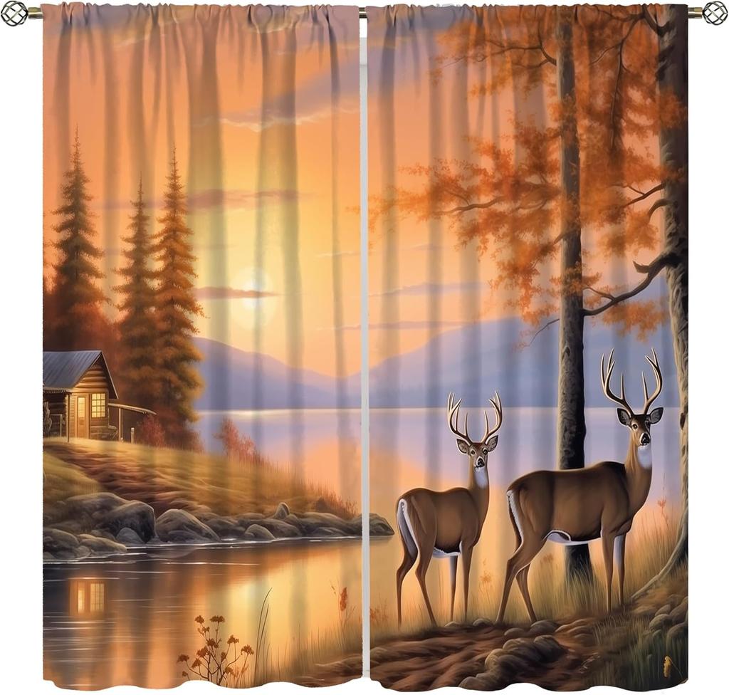 Farmhouse Deer Curtains Bedroom Vintage Rustic Fall Hunting River Cabin Elk Wildlife Window Drape Boys Girls Living Room Curtain For Sitting Polyester