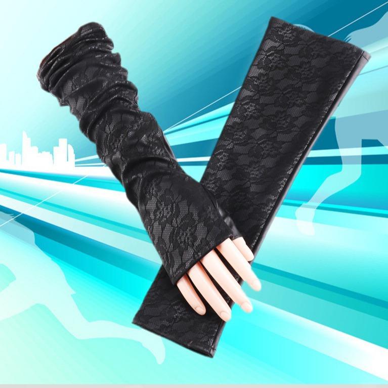 New Extended Fashion Gloves Lace Long Half Finger Etiquette Dance Party Nightclub Performance Leather Gloves