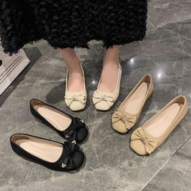 Women Flat Shoes Autumn 2026 New Comfortable Square Toe Shallow Mouth Butterfly Knot Casual Shoes Soft Sole Female Single Shoes