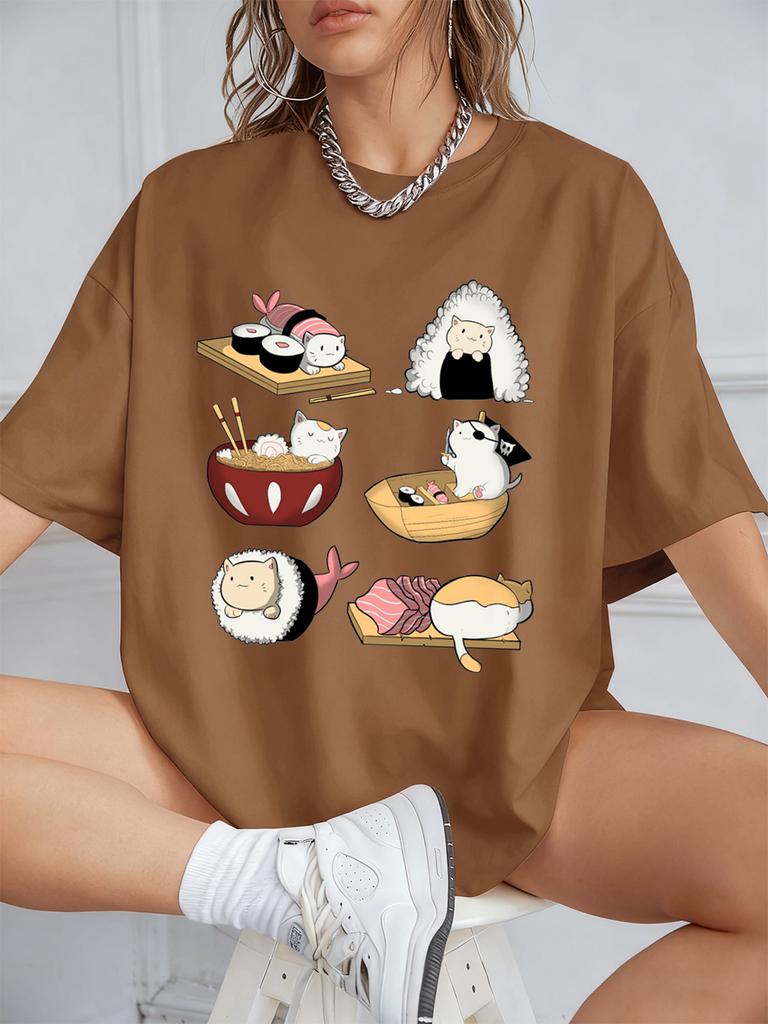 Kawaii Sushi Cats Printing TShirts Womens Summer Cotton Short Sleeve T Shirt Loose ONeck Comfortable Tops Casual Woman Clothes