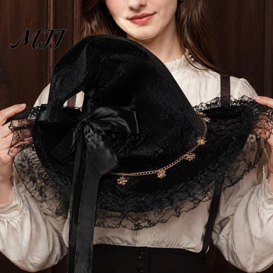 Durable Witch Hat for Party Women, Halloween Lace Wizard with Ribbon Bow, Black Decorations Home Mesh Veil Costume Accessory Adults, Fancy Dress,