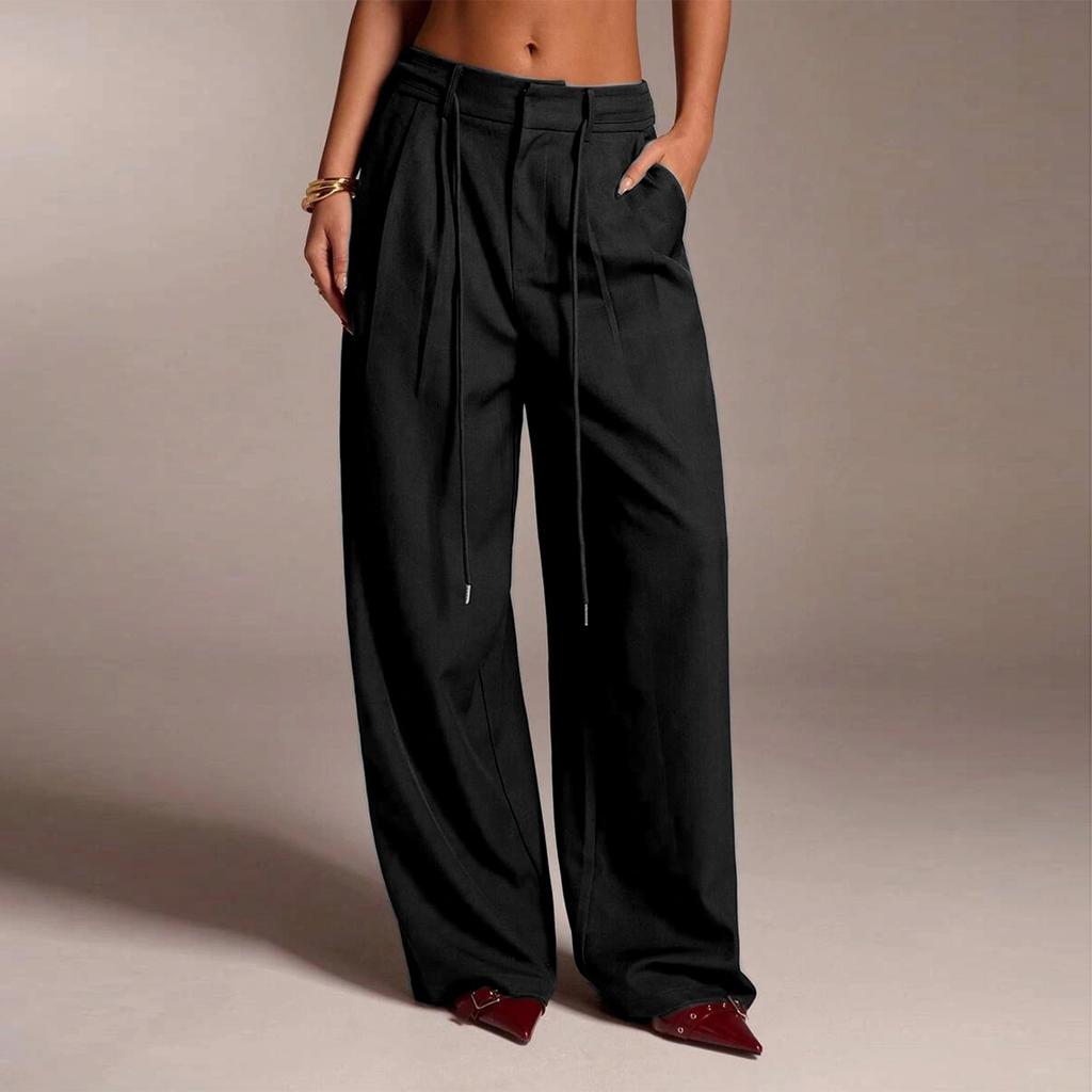 Women's Ffashionable Color Pocket Tie Loose Casual Suit Pants Commuting Straight Leg Casual Pants