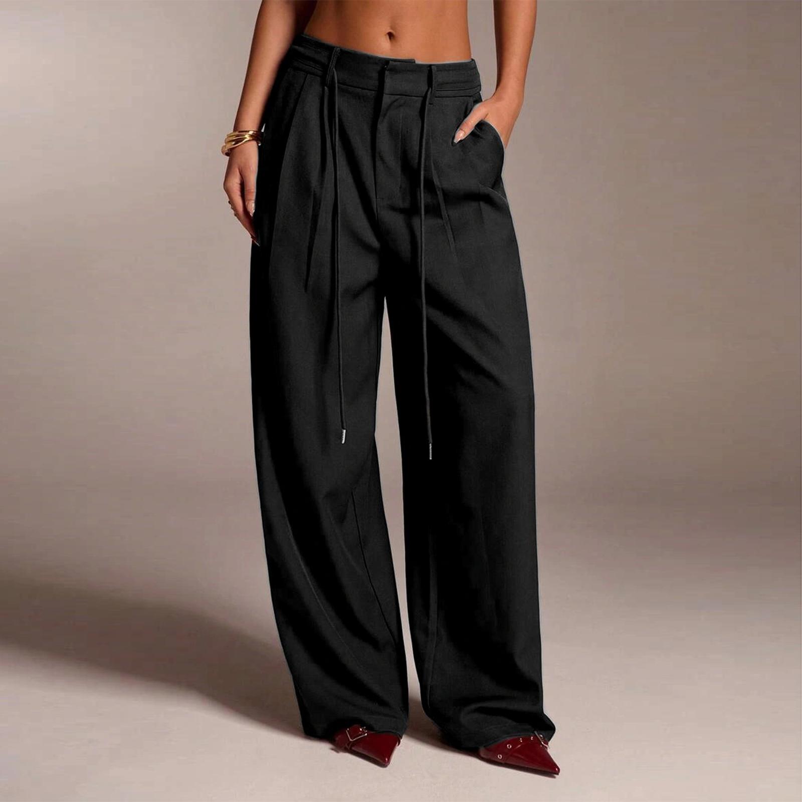Women s Ffashionable Color Pocket Tie Loose Casual Suit Pants Commuting Straight Leg Casual Pants S чёрный