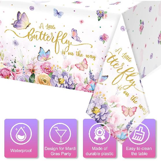 FunnyPars 3 Pack Butterfly Baby Shower Tablecloth, Little Butterfly is On The Way Baby Shower Decorations, Plastic Disposable Rectangle Watercolor
