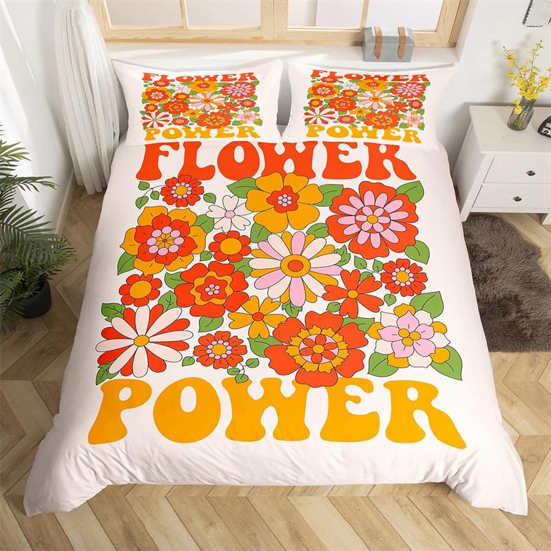 Retro Hippie Flower Duvet Cover Rainbow Floral Bedding Set Polyester Cartoon Ghost Comforter Cover Set 60S 70S Groovy Bedclothes