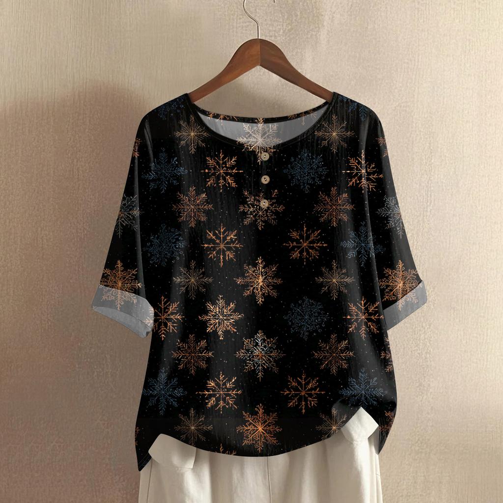 Women's Fashionable And Casual Shirt Half-sleeve Round Neck Print Cotton And Linen Blouse Top