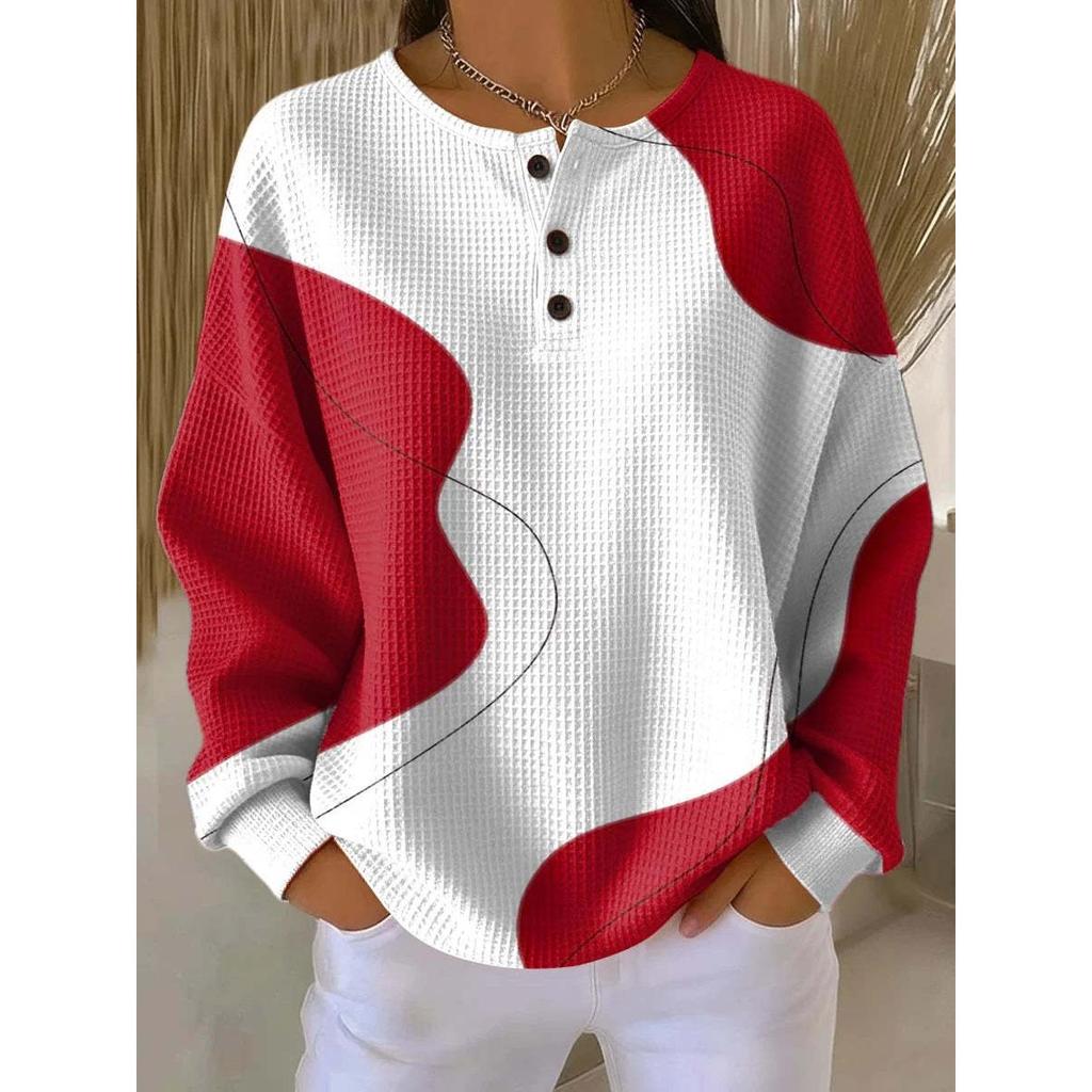 Women's Crew Neck Long Sleeve Waffle Knit Henley Top Loose Fit Casual Sweatshirt