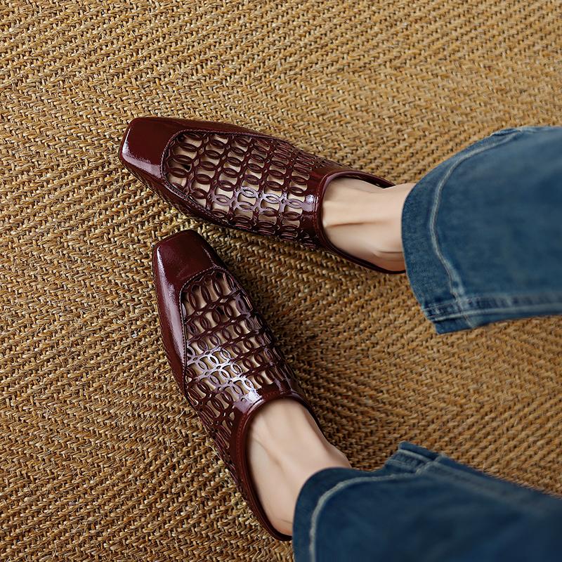 Fashion 2025 New Summer/Spring Women Mules Split Leather Women Shoes Square Toe Chunky Heel Shoes Cover Toe Women Sandals Soft Shoes