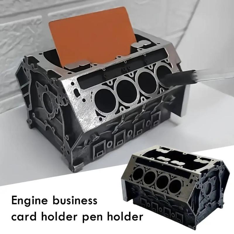 

High-End Unique Engine Block Office Desk Organizer - Business Card And Pen Holder, Perfect Gift For Car Enthusiasts And Mechanic чёрный