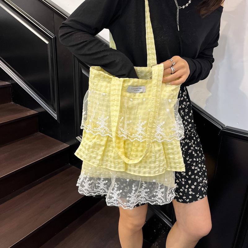 Vintage Mori Women's Style Heavy Industry Lace Splicing Cotton and Linen Shoulder Bag 25 Summer Handbag Bag Large Capacity Handbag