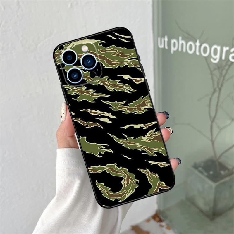 

Humor Tiger Stripe Camo Army Silicone Soft Case For iPhone 17 Air 11 14 15 16 Pro Max 12 13 Mini 16e 16 Plus Back Cover iPhone 13 Pro