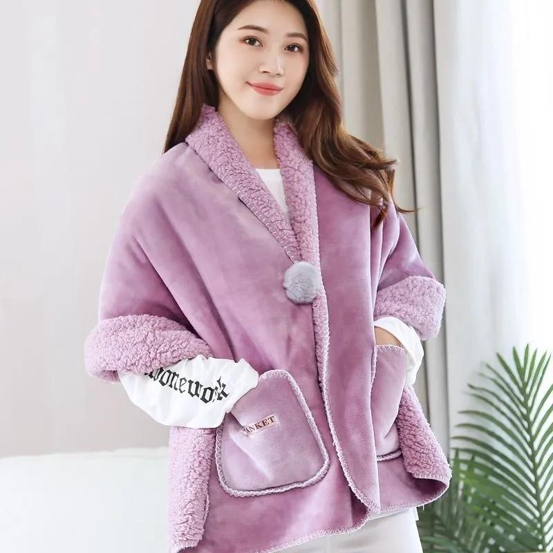 Autumn  Winter Multi Functional Shawl Blanket Office Nap Blanket Thick Flannel Lamb Wool Blanket Knee Blanket Fur Ball Pocket Mantle Shawl