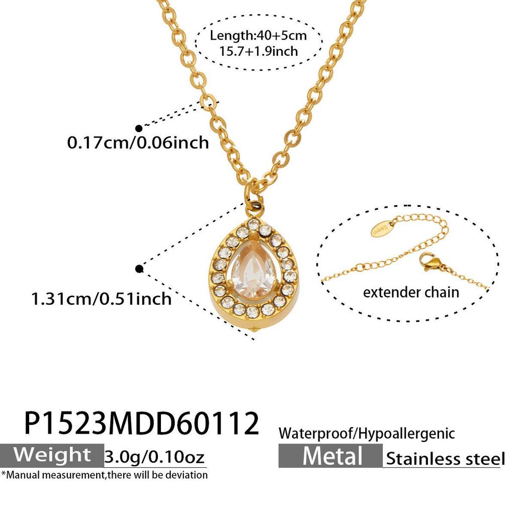 Douyin Trend Wassertropfen Strass Zirkon Anhänger Halskette & Ohrringe Damen Set, 18 Karat Vergoldeter Edelstahl.